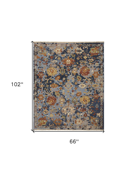 6' x 9' Wool Floral Hand Knotted Area Rug With Fringe - Blue Gray And Red