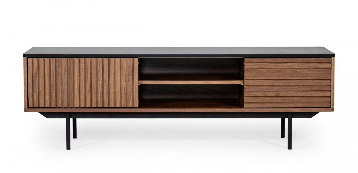 Gray and walnut 63-inch wood TV stand with open and enclosed storage from HomeRoots, showcasing a modern design and multiple compartments.