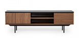 Gray and walnut 63-inch wood TV stand with open and enclosed storage from HomeRoots, showcasing a modern design and multiple compartments.