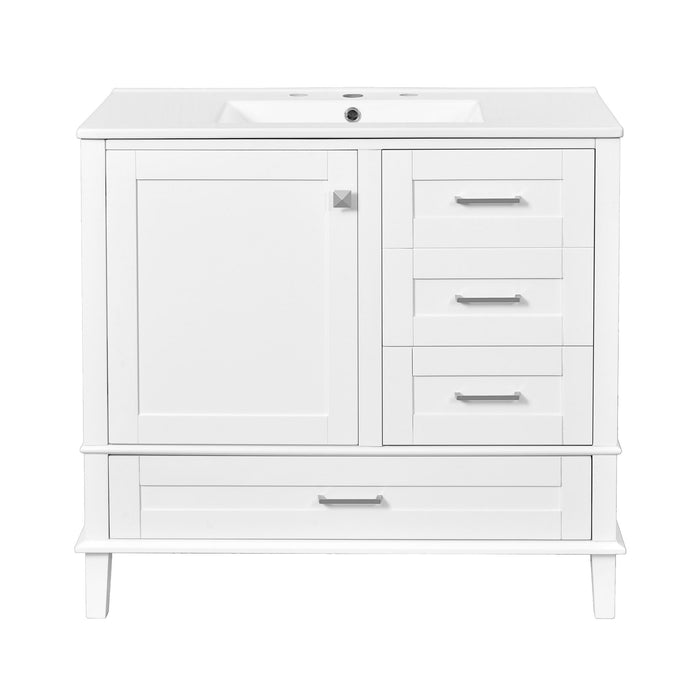 Modern Giga bathroom vanity with sink, solid wood frame, soft-closing door, and three drawers for stylish bathroom storage.