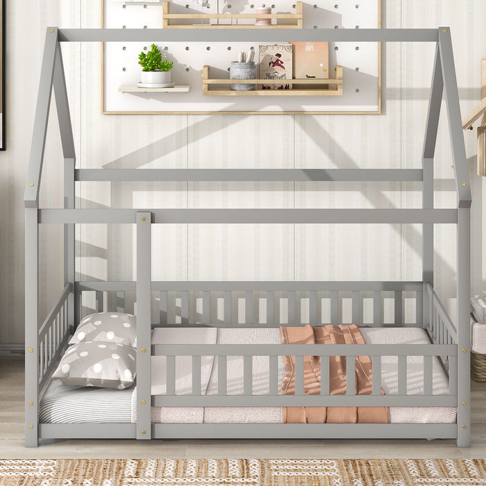 Giga wooden canopy bed with house roof frame and fence guardrails, featuring a cozy, child-friendly design and natural wood finish.