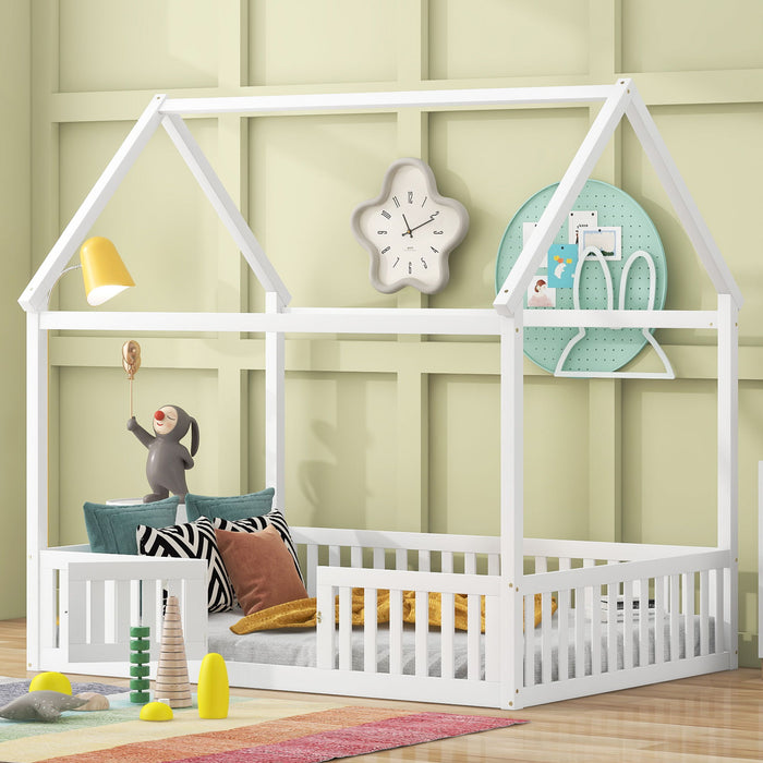 Giga wood house bed with a fence and door, platform bed design featuring a cozy, natural wooden finish for kids' bedroom decor.