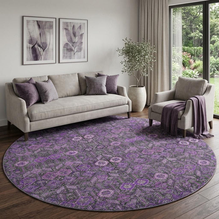 8' Tribal Washable Round Rug With UV Protection (649891) - Purple / Ivory