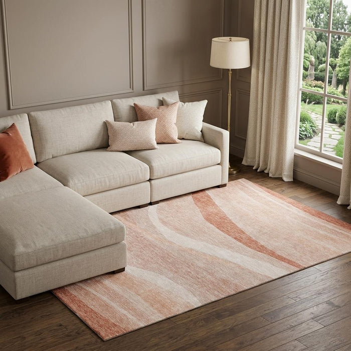 10' X 14' Abstract Washable Area Rug With UV Protection (684268) - Salmon / Ivory