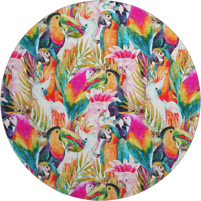 8' Geometric Washable Round Rug With UV Protection (646334) - Rainbow / Ivory