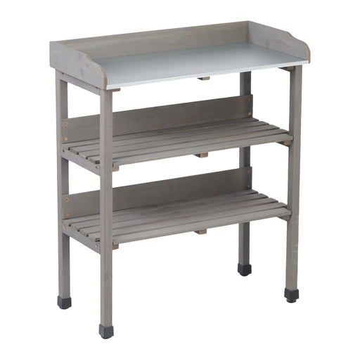 Giga outdoor potting table with three-tier workbench, featuring spacious wooden work surface and garden storage for gardening projects.