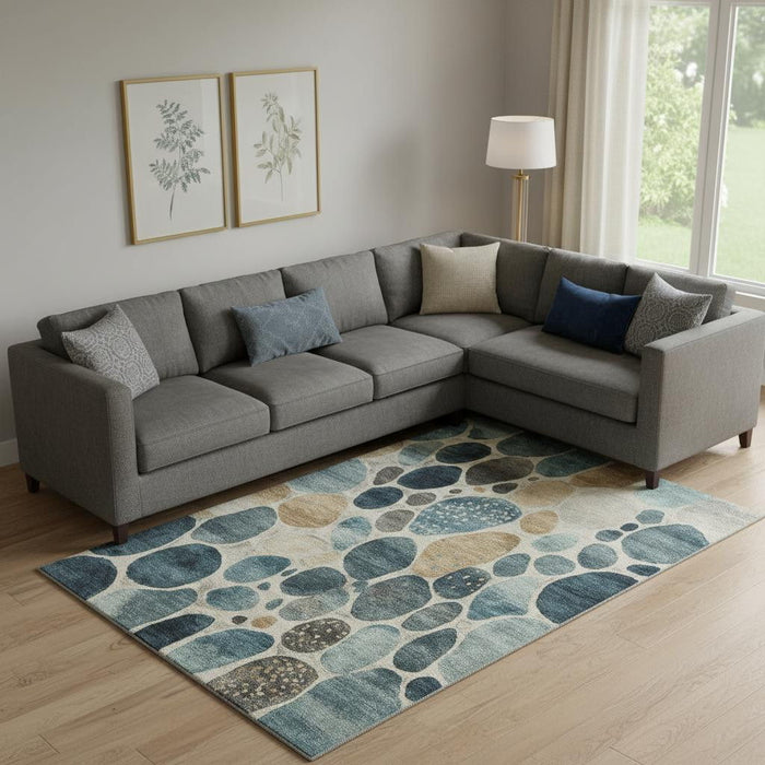 10' X 14' Geometric Washable Area Rug With UV Protection (710376) - Teal / Beige / Ivory