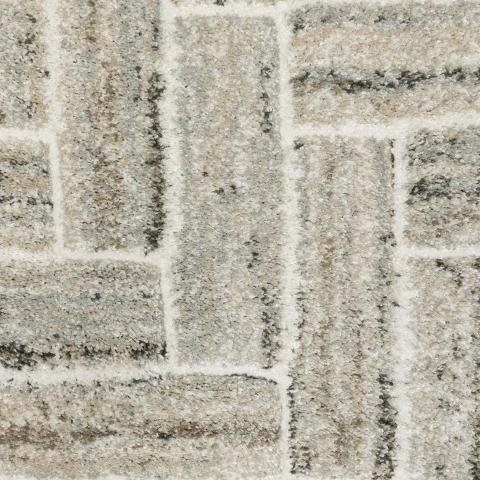 6' x 9' Geometric Power Loom Stain Resistant Area Rug - Ivory Beige Gray Brown Pale Blue And Charcoal