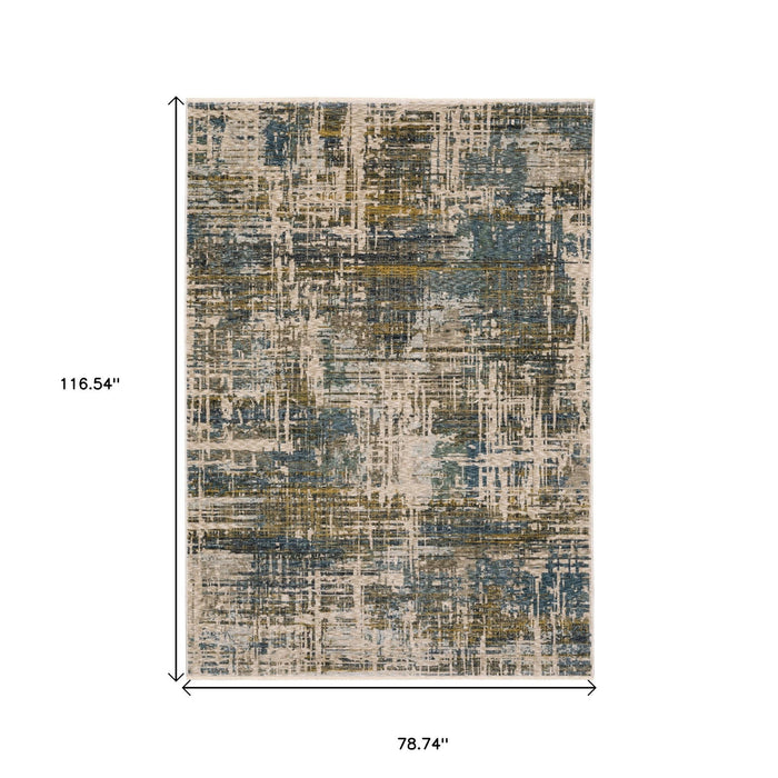 7' X 10' Abstract Distressed Area Rug With Fringe - Blue And Gold
