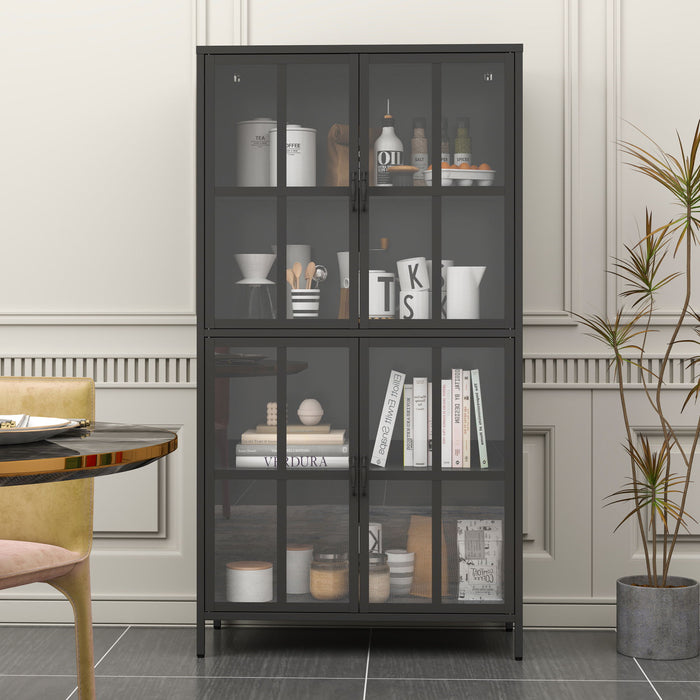 Giga black metal display cabinet with tempered glass doors, adjustable shelves, and anti-tipping device for secure storage.