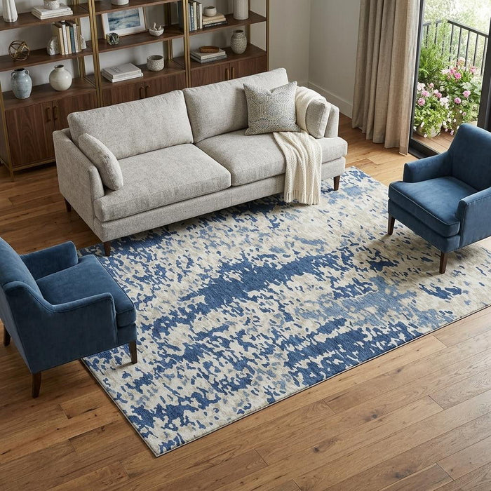 10' X 14' Abstract Washable Area Rug With UV Protection (675132) - Navy Blue / Ivory