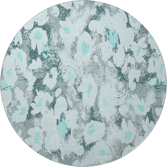 8' Floral Washable Round Rug With UV Protection (648175) - Teal / Gray / Ivory