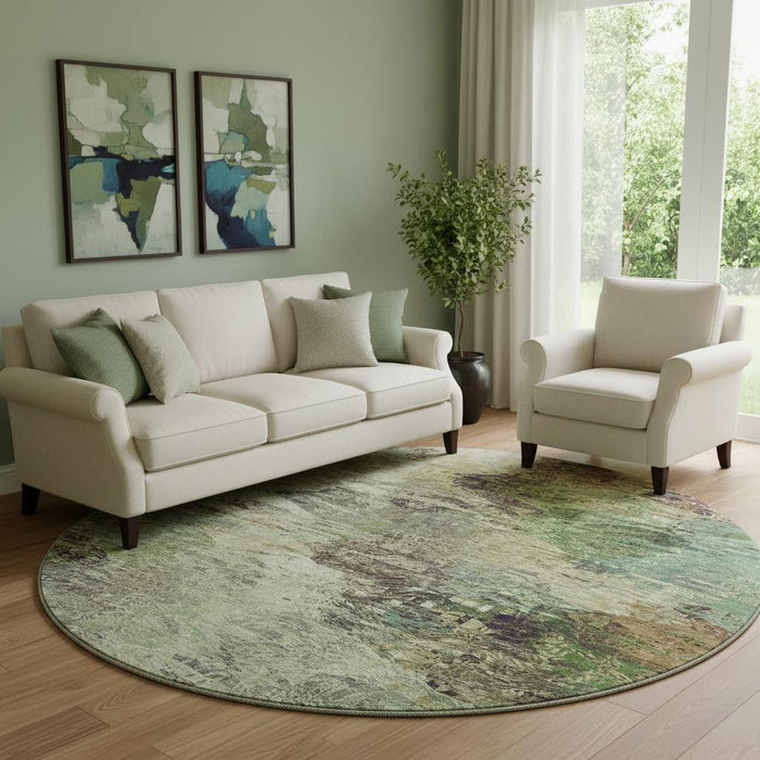 8' Abstract Washable Round Rug With UV Protection (650629) - Beige / Teal / Olive Green