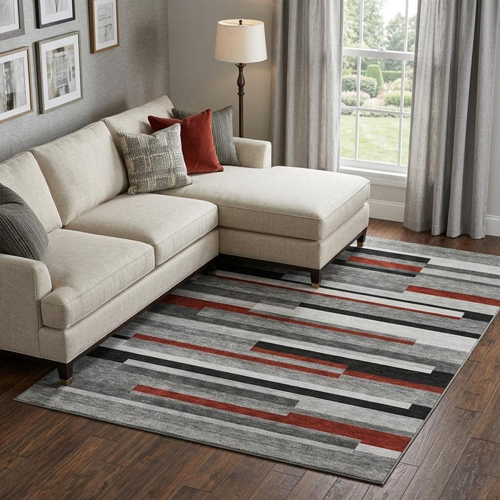 10' X 14' Striped Washable Area Rug With UV Protection (675774) - Gray / Red / Silver