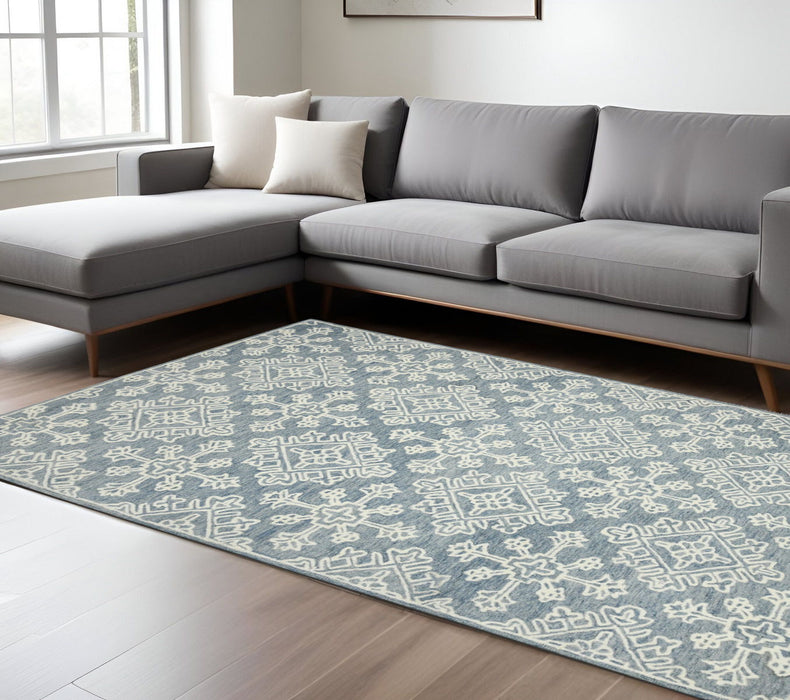 8' X 10' Wool Oriental Hand Hooked Area Rug - Sky Blue And Ivory
