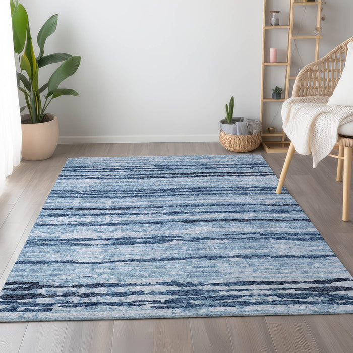 9' X 12' Striped Washable Area Rug With UV Protection - Blue / Ivory