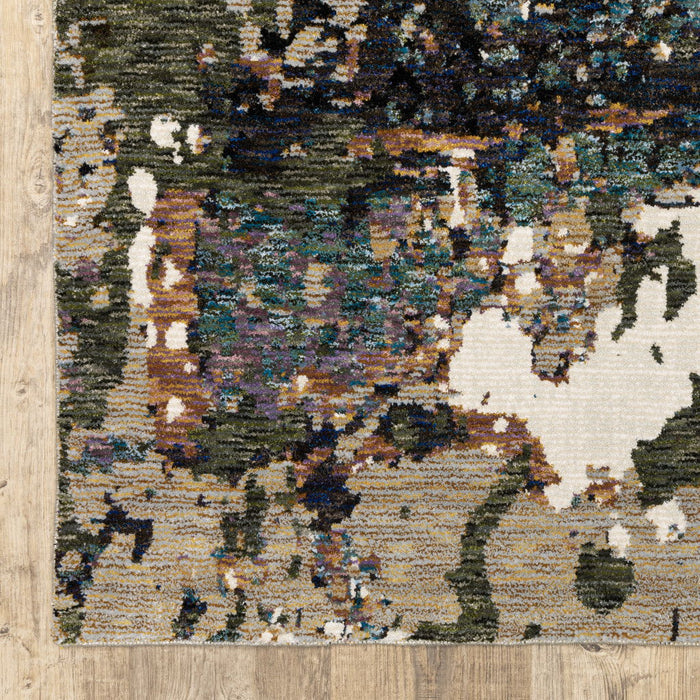 9' x 12' Abstract Power Loom Area Rug - Blue Brown And Ivory