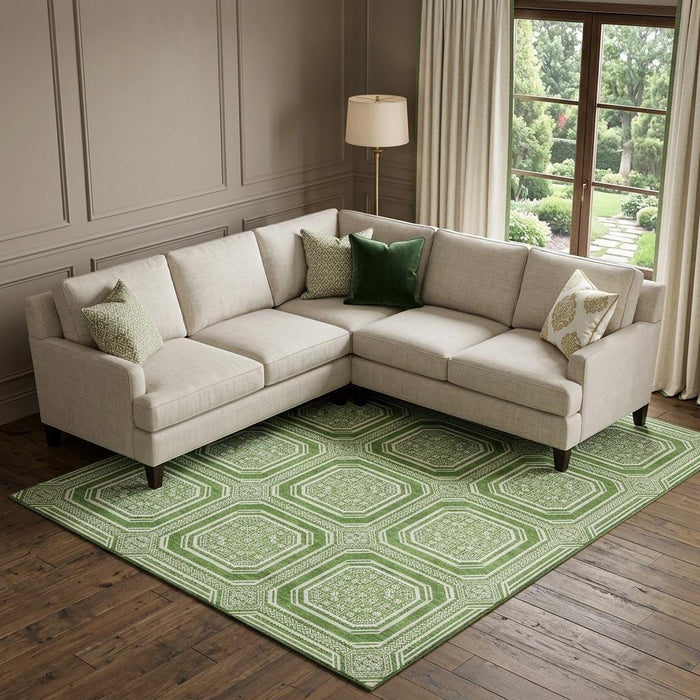 10' X 14' Geometric Washable Area Rug With UV Protection (693786) - Green / Ivory