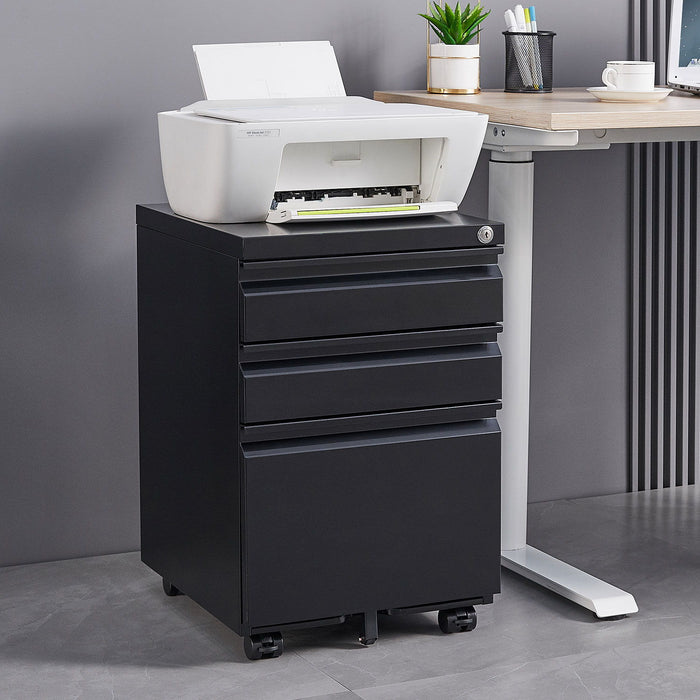 Giga contemporary metal 3-drawer mobile filing cabinet with lock for legal and letter-sized office storage.