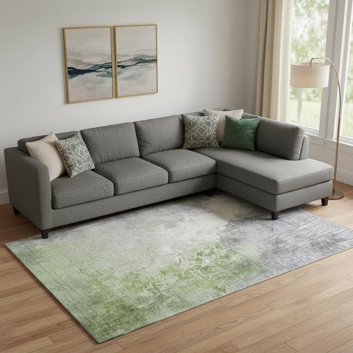 10' X 14' Abstract Washable Area Rug With UV Protection (705449) - Artichoke Green / Gray / Ivory