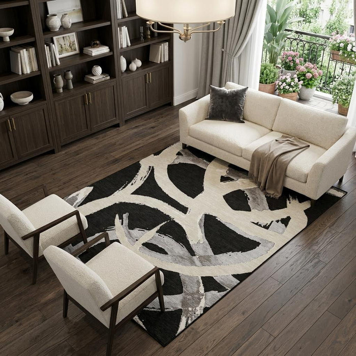 10' X 14' Abstract Washable Area Rug With UV Protection (680235) - Black / Ivory / Gray
