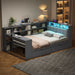 Giga platform storage bed with upholstered headboard, built-in desk, shelves, drawers, charging station, and LED lighting in a modern bedroom.