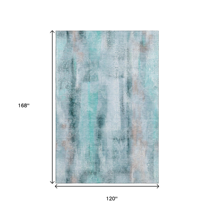 10' X 14' Abstract Washable Area Rug With UV Protection (648148) - Teal / Ivory
