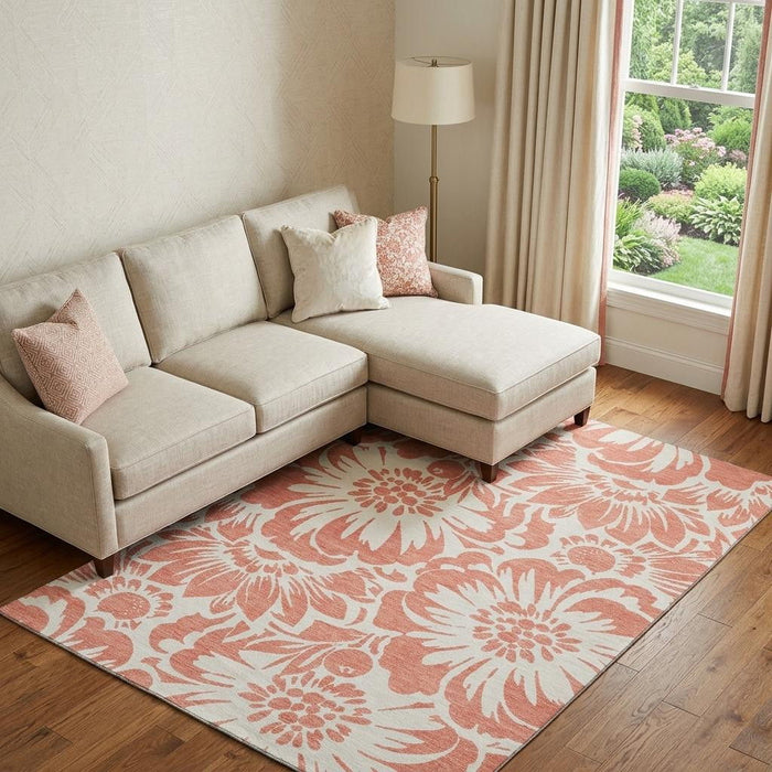 10' X 14' Floral Washable Area Rug With UV Protection (648700) - Salmon / Ivory