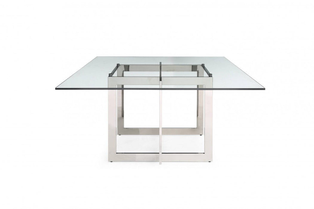 59" Square Glass And Stainless Steel Pedestal Base Dining Table - Clear