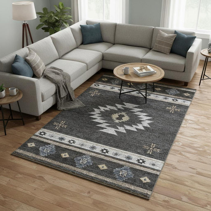 8' X 10' Geometric Washable Area Rug With UV Protection (645688) - Midnight / Ivory / Beige
