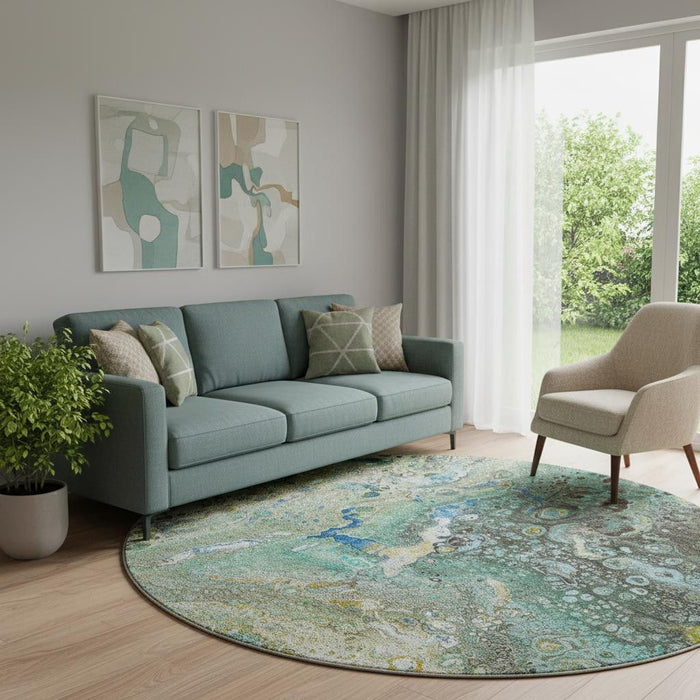 8' Abstract Washable Round Rug With UV Protection (650437) - Teal / Gold / Gray