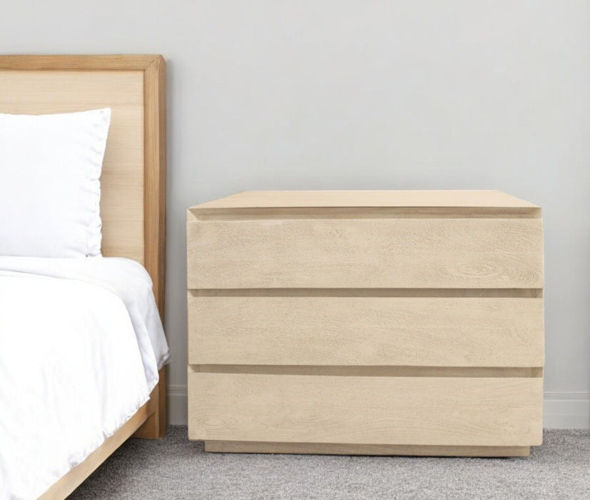24" Solid Wood Ribbed Texturere Three Drawer Nightstand - Natural