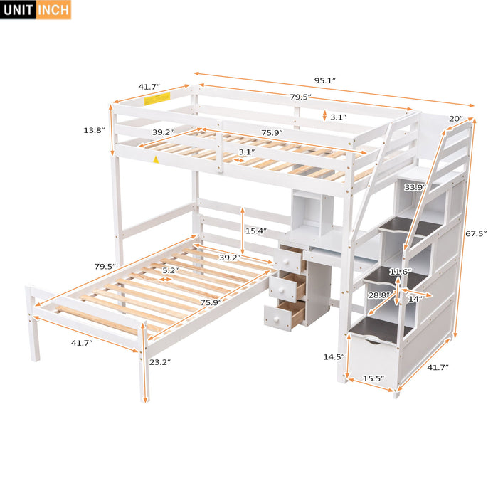 Giga loft bed with standalone bed, storage staircase, desk, shelves, and drawers in a modern children's bedroom setting.
