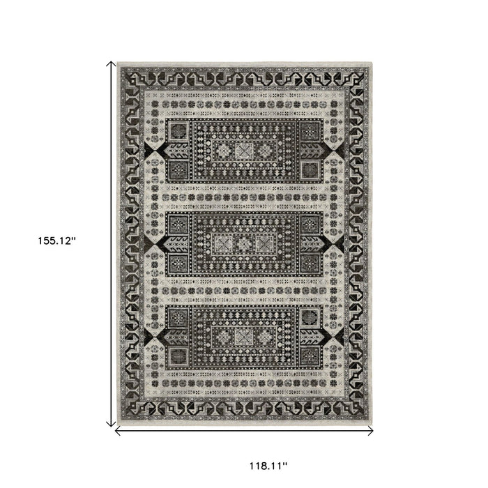 10' X 13' Oriental Area Rug With Fringe - Ivory And Charcoal