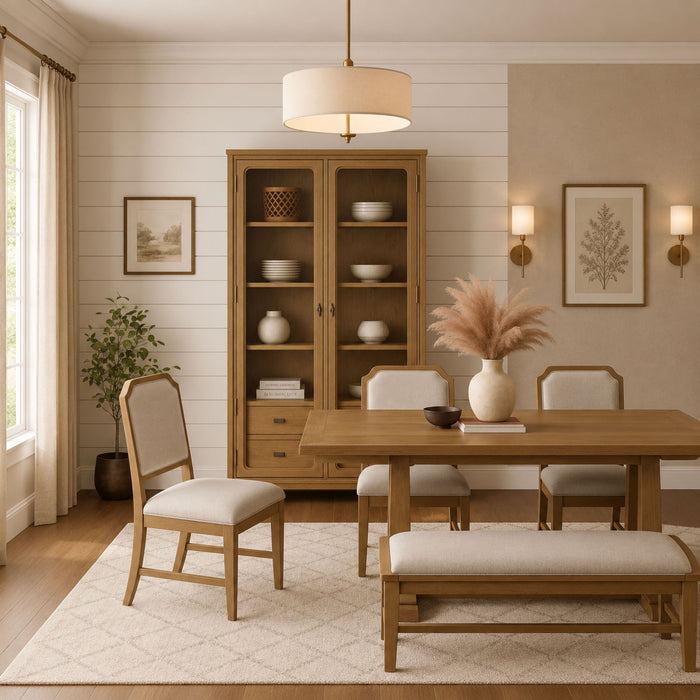 Bernards Furniture tall display cabinet with glass doors, featuring spacious shelves for showcasing decor