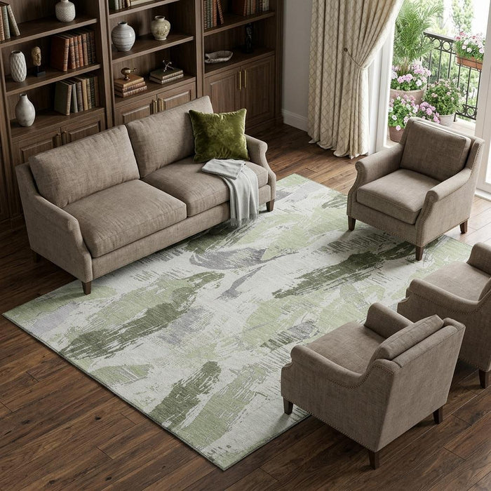 10' X 14' Abstract Washable Area Rug With UV Protection (694640) - Artichoke Green / Ivory / Gray