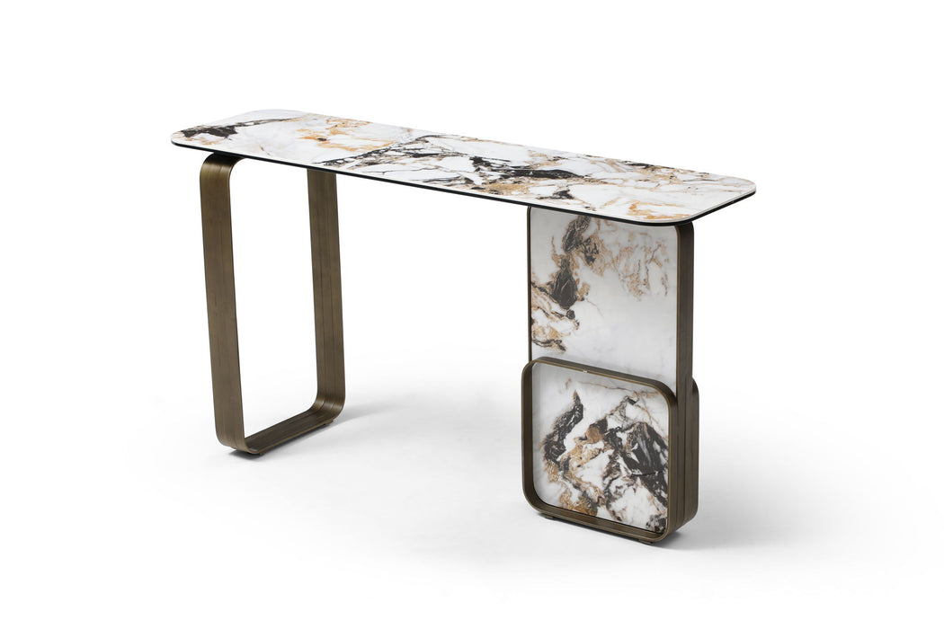 Ceramic Tile Metal Double Pedestal Console Table - White / Bronze