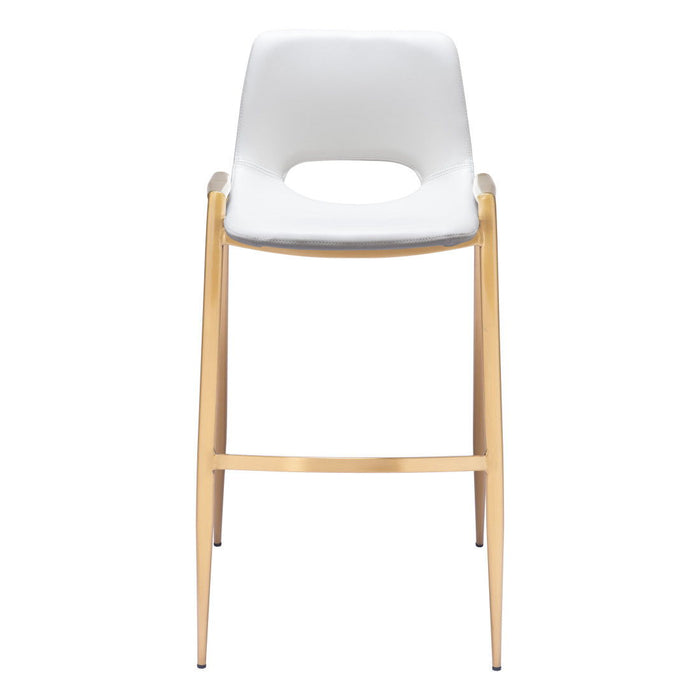 Set of two white faux leather and steel low back bar height chairs with gold accents by HomeRoots.