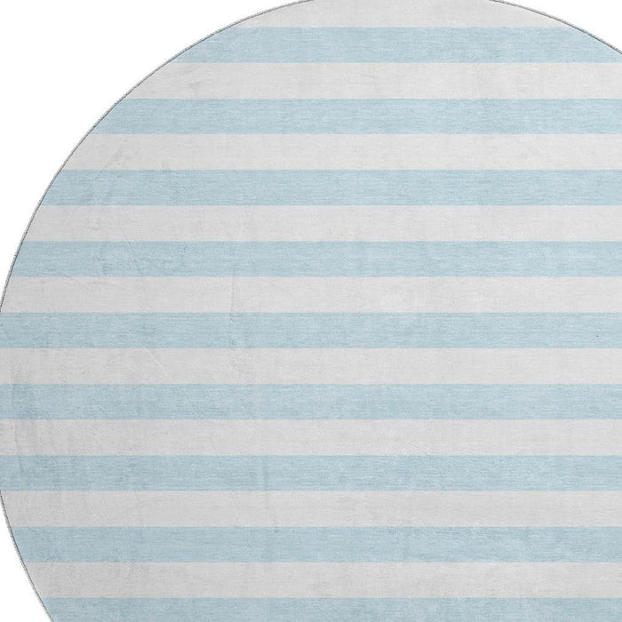 8' Striped Washable Round Rug With UV Protection (647659) - Sky Blue / Ivory