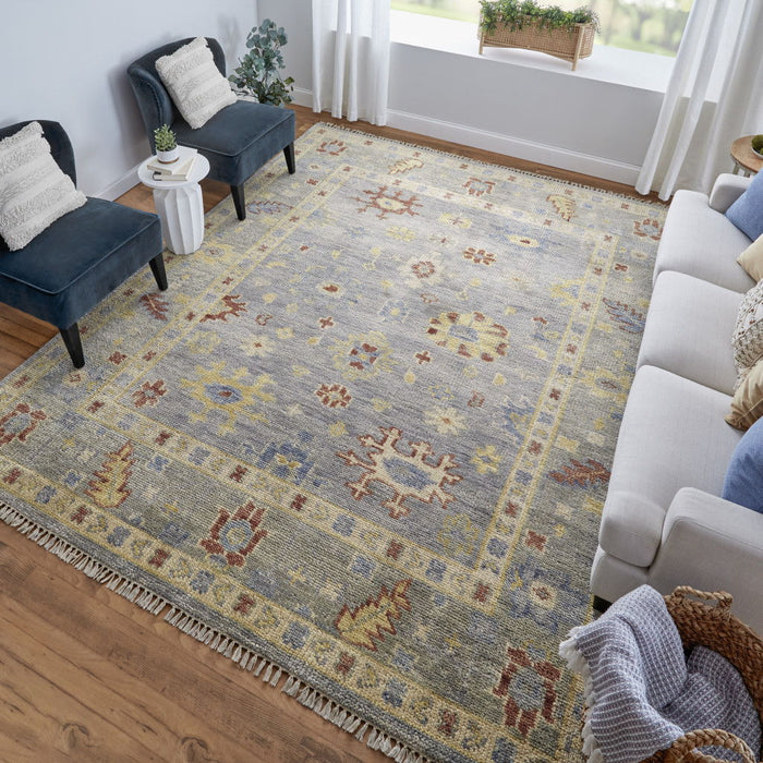 10' Wool Floral Hand Knotted Runner Rug With Fringe - Blue And Gray