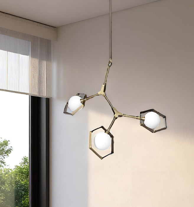 Unique Statement Three Light Metal And Glass Dimmable Chandelier With Shades - Champagne / White