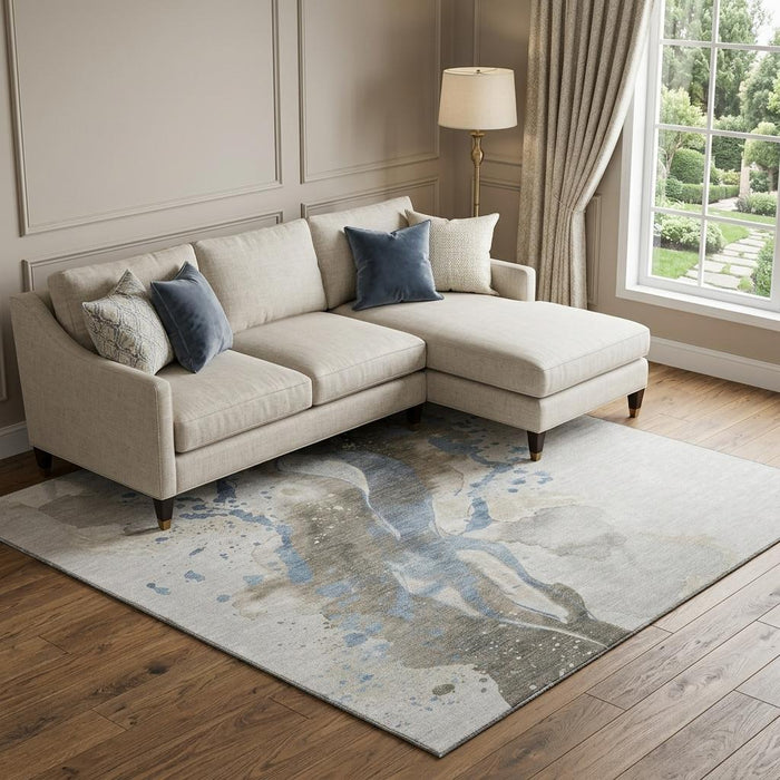 10' X 14' Abstract Washable Area Rug With UV Protection (694230) - Taupe / Blue / Ivory