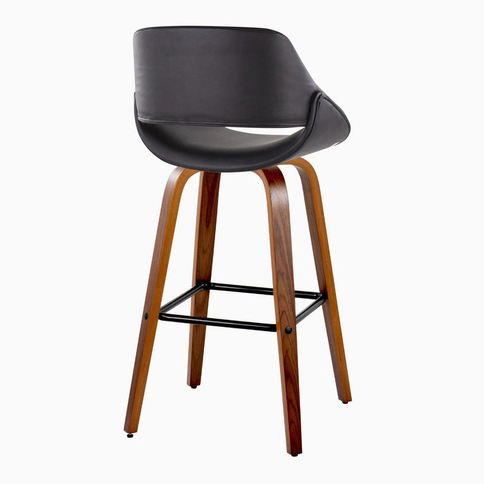 Fabrizzi - 30" Fixed-Height Barstool With Swivel And Square Black Metal Footrest (Set of 2) - Walnut Wood