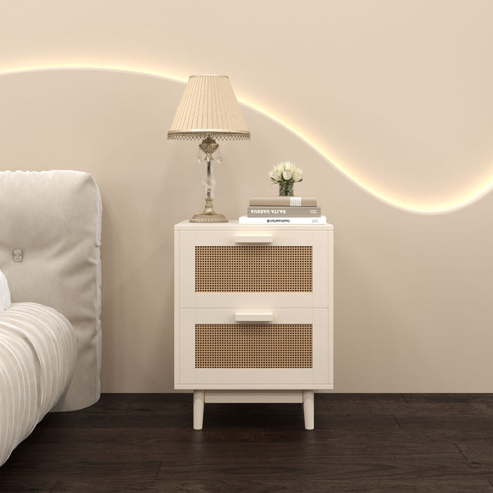 Giga antique natural rattan accent nightstand with two drawers and storage space, designed for bedroom side table decor.