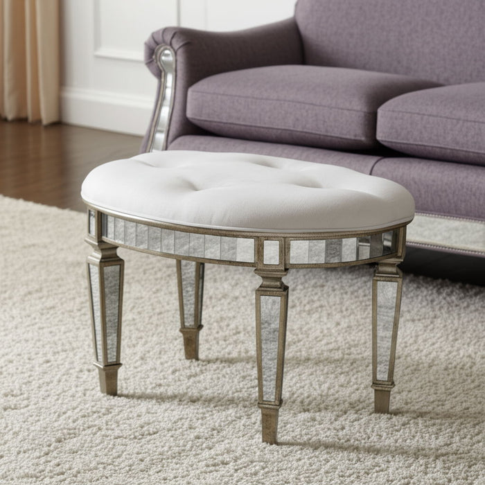 Linen Metallic Round Ottoman - Silver / Cream