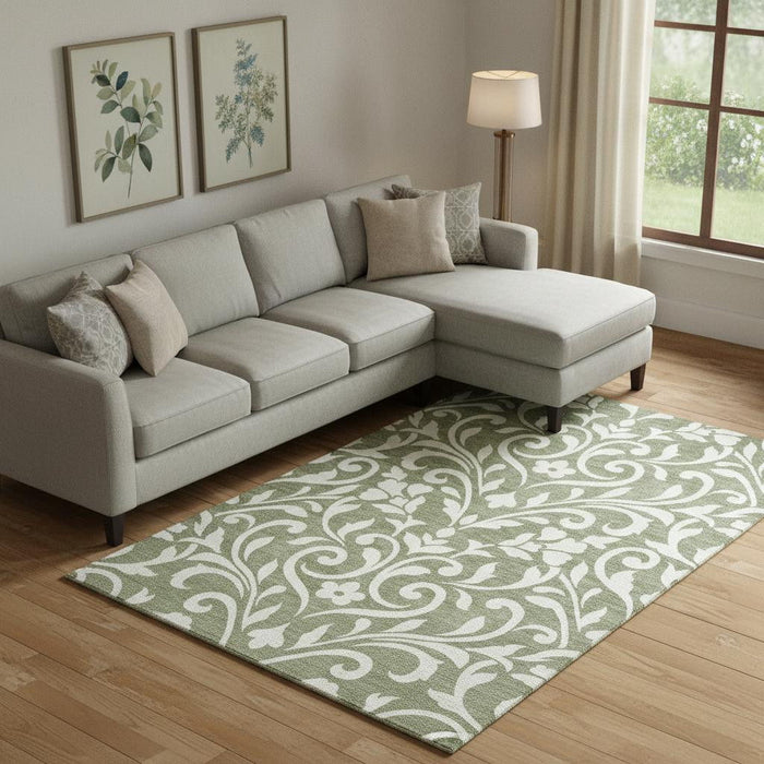 10' X 14' Floral Washable Area Rug With UV Protection (669600) - Fern Green / Beige