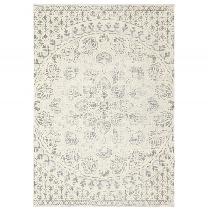 10' x 13' Floral Power Loom Stain Resistant Area Rug - Ivory And Gray