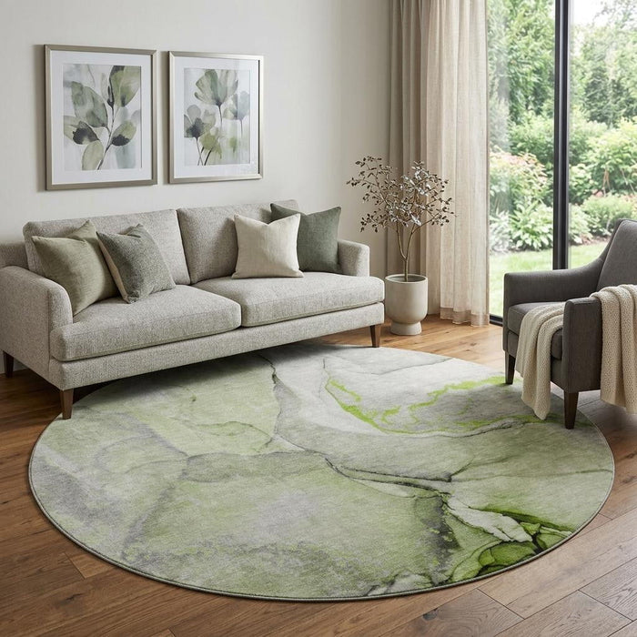 8' Abstract Washable Round Rug With UV Protection (646825) - Green / Gray / Ivory