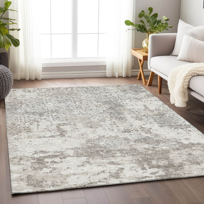 9' X 12' Abstract Washable Area Rug With UV Protection - Ivory And Gray