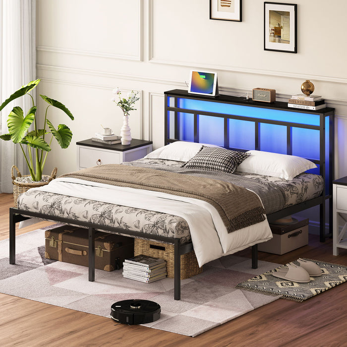 Giga platform bed frame with storage headboard, USB C port, LED light, and modern design, shown in a well-lit bedroom setting.